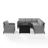 Crosley Furniture Fire Seating Sets Crosely Furniture - Bradenton 5Pc Wicker Sectional Set W/Fire Table Gray/Gray - Right Corner Loveseat, Left Corner Loveseat, Corner Chair, Arm Chair, & Dante Fire Table - KO70169GY-GY - Gray