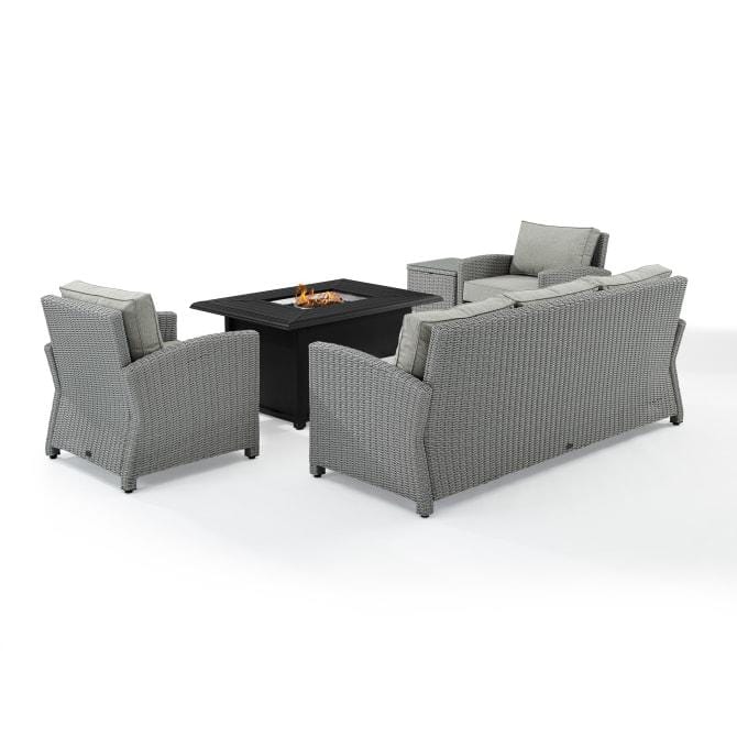 Crosley Furniture Fire Seating Sets Crosely Furniture - Bradenton 5Pc Wicker Sofa Set W/Fire Table Gray/Gray - Sofa, Dante Fire Table, Side Table, & 2 Arm Chairs - KO70166GY-GY - Gray
