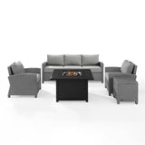 Crosley Furniture Fire Seating Sets Crosely Furniture - Bradenton 5Pc Wicker Sofa Set W/Fire Table Gray/Gray - Sofa, Dante Fire Table, Side Table, & 2 Arm Chairs - KO70166GY-GY - Gray