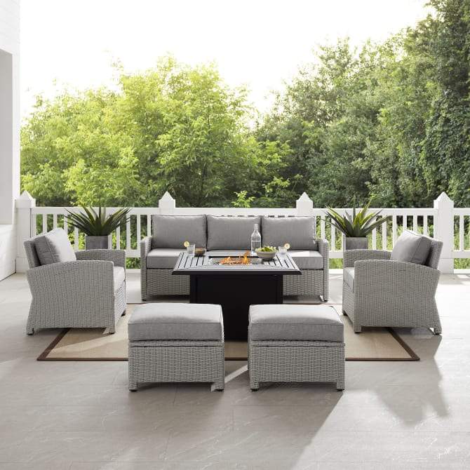 Crosley Furniture Fire Seating Sets Crosely Furniture - Bradenton 6Pc Outdoor Wicker Sofa Set W/Fire Table Include Color - Dante Fire Table, Sofa, 2 Armchairs & 2 Ottomans - KO70183GY-XX