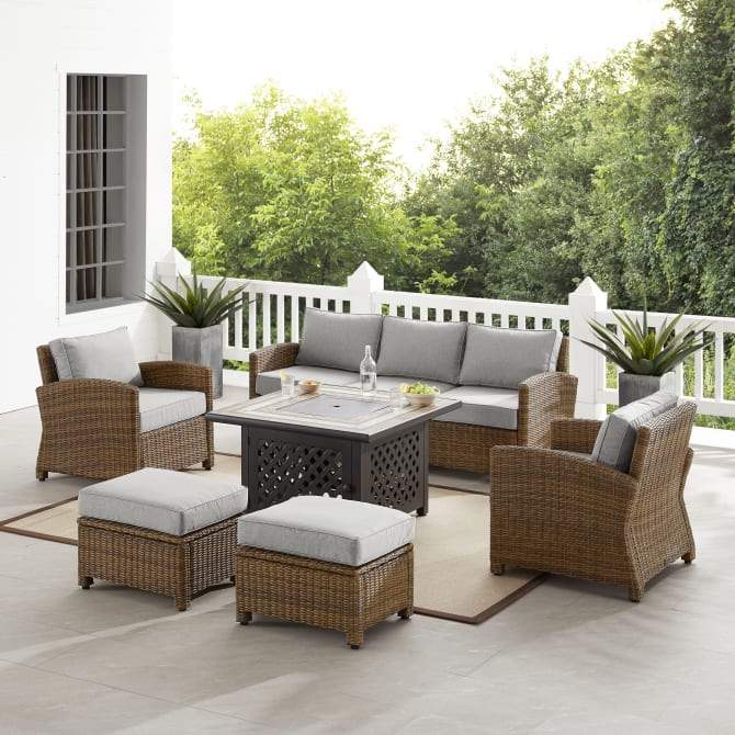 Crosley Furniture Fire Seating Sets Crosely Furniture - Bradenton 6Pc Outdoor Wicker Sofa Set W/Fire Table Include Color/Weathered Brown - Tucson Fire Table, Sofa, 2 Armchairs & 2 Ottomans - KO70184WB-XX