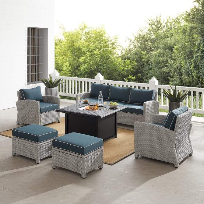 Crosley Furniture Fire Seating Sets Crosely Furniture - Bradenton 6Pc Outdoor Wicker Sofa Set W/Fire Table Navy/Gray - Sofa, Dante Fire Table, 2 Armchairs, & 2 Ottomans - KO70184GY-NV - Navy
