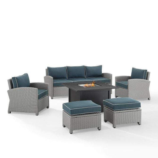 Crosley Furniture Fire Seating Sets Crosely Furniture - Bradenton 6Pc Outdoor Wicker Sofa Set W/Fire Table Navy/Gray - Sofa, Dante Fire Table, 2 Armchairs, & 2 Ottomans - KO70184GY-NV - Navy