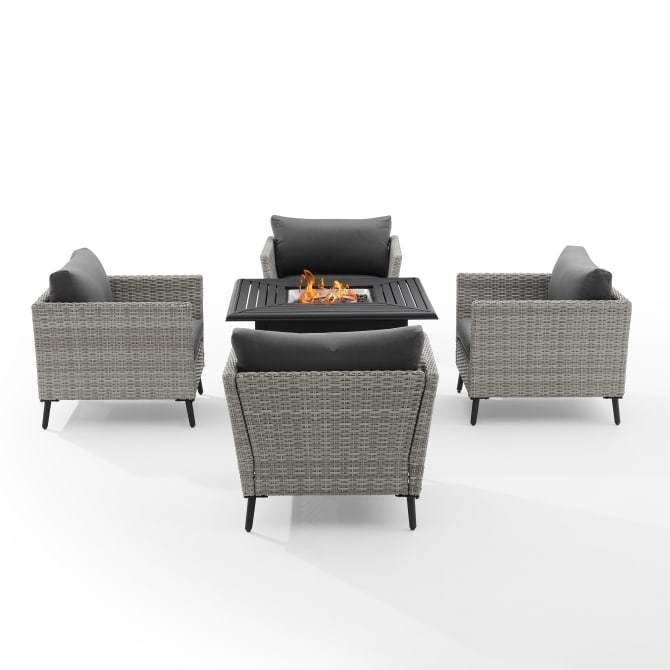Crosley Furniture Fire Seating Sets Crosely Furniture - Richland 5Pc Outdoor Wicker Conversation Set W/Fire Table Gray/Black - Dante Fire Table & 4 Armchairs - KO70201GY-BK - Gray