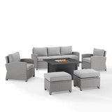 Crosley Furniture Fire Seating Sets Gray Crosely Furniture - Bradenton 6Pc Outdoor Wicker Sofa Set W/Fire Table Include Color - Dante Fire Table, Sofa, 2 Armchairs & 2 Ottomans - KO70183GY-XX