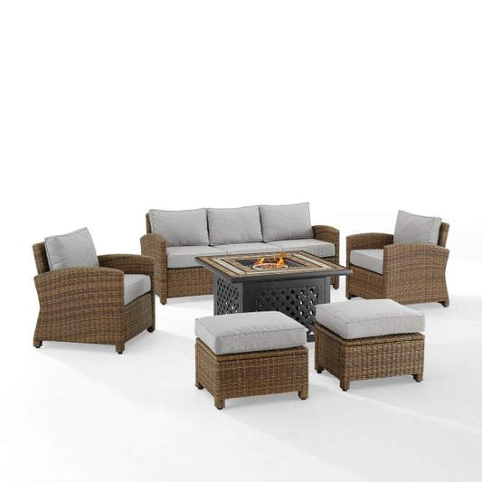 Crosley Furniture Fire Seating Sets Gray Crosely Furniture - Bradenton 6Pc Outdoor Wicker Sofa Set W/Fire Table Include Color/Weathered Brown - Tucson Fire Table, Sofa, 2 Armchairs & 2 Ottomans - KO70184WB-XX