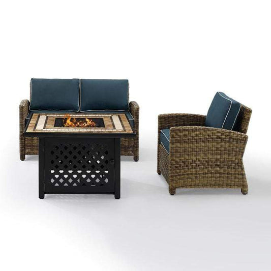 Crosley Furniture Fire Seating Sets Navy Crosely Furniture - Bradenton 3Pc Outdoor Wicker Conversation Set W/Fire Table Weathered Brown/Include Color - Loveseat, Armchair, & Tucson Fire Table - KO70161-XX