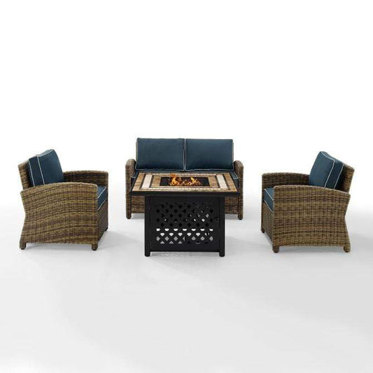 Crosley Furniture Fire Seating Sets Navy Crosely Furniture - Bradenton 4Pc Outdoor Wicker Conversation Set W/Fire Table Weathered Brown/Include Color - Loveseat, Tucson Fire Table, & 2 Arm Chairs - KO70160-XX