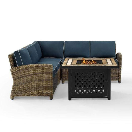 Crosley Furniture Fire Seating Sets Navy Crosely Furniture - Bradenton 4Pc Outdoor Wicker Sectional Set W/Fire Table Include Color/Weathered Brown - Right Corner Loveseat, Left Corner Loveseat, Corner Chair, & Tucson Fire Table - KO70157-XX