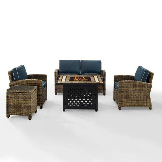 Crosley Furniture Fire Seating Sets Navy Crosely Furniture - Bradenton 5Pc Outdoor Wicker Conversation Set W/Fire Table Weathered Brown/Navy/Sand/Sangria - Loveseat, Side Table, Tucson Fire Table, & 2 Armchairs - KO70162-XX