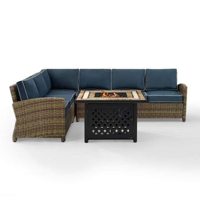 Crosley Furniture Fire Seating Sets Navy Crosely Furniture - Bradenton 5Pc Outdoor Wicker Sectional Set W/Fire Table Include Color/Weathered Brown - Right Corner Loveseat, Left Corner Loveseat, Corner Chair, Center Chair, & Tucson Fire Table - KO70158-XX