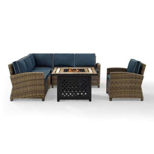 Crosley Furniture Fire Seating Sets Navy Crosely Furniture - Bradenton 5Pc Outdoor Wicker Sectional Set W/Fire Table Weathered Brown/Include Color - Right Corner Loveseat, Left Corner Loveseat, Corner Chair, Armchair, & Tucson Fire Table - KO70159-XX