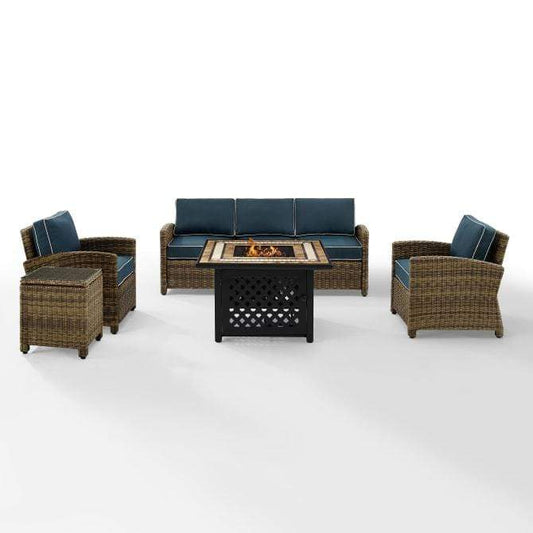 Crosley Furniture Fire Seating Sets Navy Crosely Furniture - Bradenton 5Pc Outdoor Wicker Sofa Set W/Fire Table Weathered Brown/Include Color - Sofa, Side Table, Tucson Fire Table, & 2 Armchairs - KO70163-XX