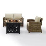 Crosley Furniture Fire Seating Sets Sand Crosely Furniture - Bradenton 3Pc Outdoor Wicker Conversation Set W/Fire Table Weathered Brown/Include Color - Loveseat, Armchair, & Tucson Fire Table - KO70161-XX