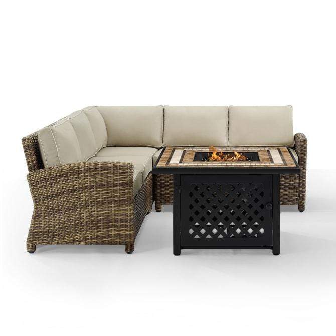Crosley Furniture Fire Seating Sets Sand Crosely Furniture - Bradenton 4Pc Outdoor Wicker Sectional Set W/Fire Table Include Color/Weathered Brown - Right Corner Loveseat, Left Corner Loveseat, Corner Chair, & Tucson Fire Table - KO70157-XX