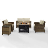 Crosley Furniture Fire Seating Sets Sand Crosely Furniture - Bradenton 5Pc Outdoor Wicker Conversation Set W/Fire Table Weathered Brown/Navy/Sand/Sangria - Loveseat, Side Table, Tucson Fire Table, & 2 Armchairs - KO70162-XX