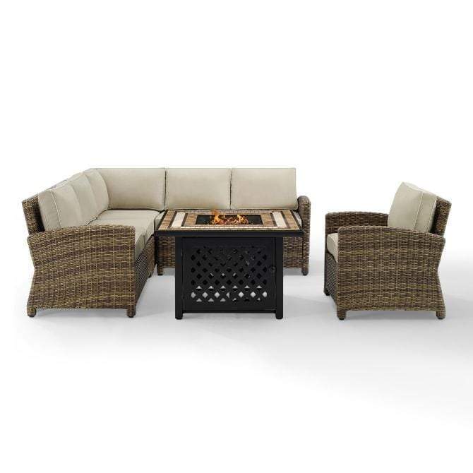 Crosley Furniture Fire Seating Sets Sand Crosely Furniture - Bradenton 5Pc Outdoor Wicker Sectional Set W/Fire Table Weathered Brown/Include Color - Right Corner Loveseat, Left Corner Loveseat, Corner Chair, Armchair, & Tucson Fire Table - KO70159-XX