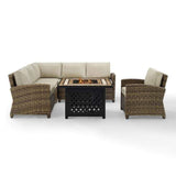 Crosley Furniture Fire Seating Sets Sand Crosely Furniture - Bradenton 5Pc Outdoor Wicker Sectional Set W/Fire Table Weathered Brown/Include Color - Right Corner Loveseat, Left Corner Loveseat, Corner Chair, Armchair, & Tucson Fire Table - KO70159-XX