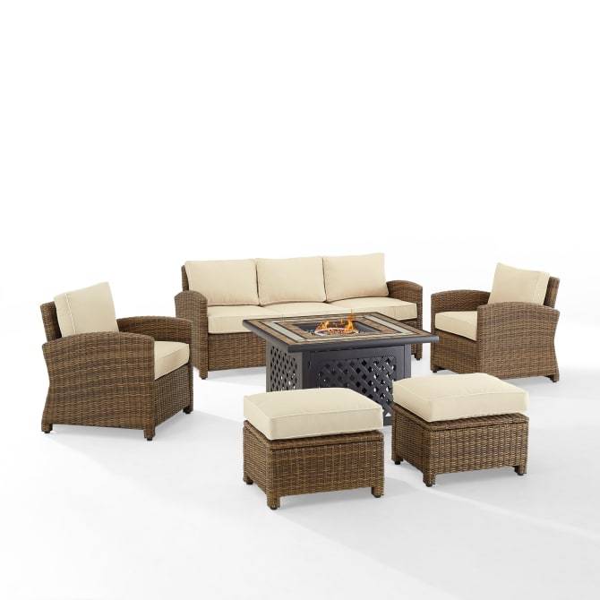 Crosley Furniture Fire Seating Sets Sand Crosely Furniture - Bradenton 6Pc Outdoor Wicker Sofa Set W/Fire Table Include Color/Weathered Brown - Tucson Fire Table, Sofa, 2 Armchairs & 2 Ottomans - KO70184WB-XX