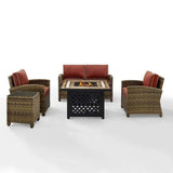 Crosley Furniture Fire Seating Sets Sangria Crosely Furniture - Bradenton 5Pc Outdoor Wicker Conversation Set W/Fire Table Weathered Brown/Navy/Sand/Sangria - Loveseat, Side Table, Tucson Fire Table, & 2 Armchairs - KO70162-XX