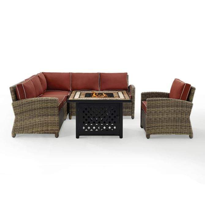 Crosley Furniture Fire Seating Sets Sangria Crosely Furniture - Bradenton 5Pc Outdoor Wicker Sectional Set W/Fire Table Weathered Brown/Include Color - Right Corner Loveseat, Left Corner Loveseat, Corner Chair, Armchair, & Tucson Fire Table - KO70159-XX