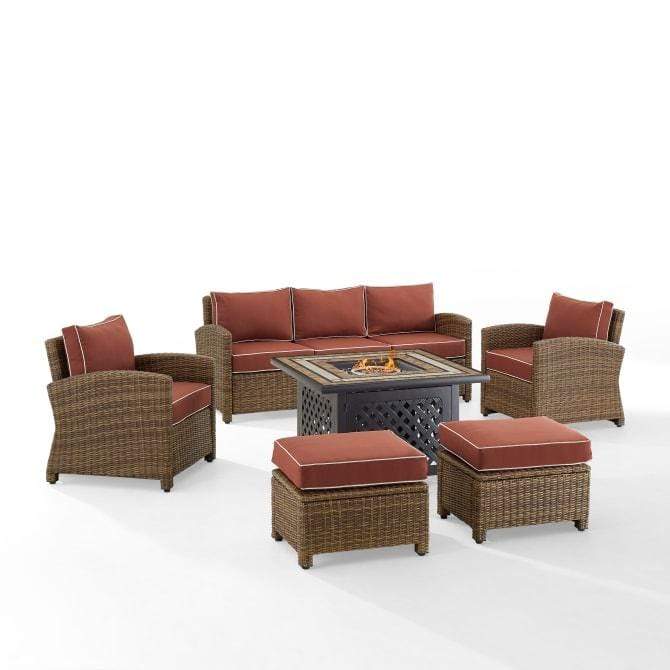 Crosley Furniture Fire Seating Sets Sangria Crosely Furniture - Bradenton 6Pc Outdoor Wicker Sofa Set W/Fire Table Include Color/Weathered Brown - Tucson Fire Table, Sofa, 2 Armchairs & 2 Ottomans - KO70184WB-XX
