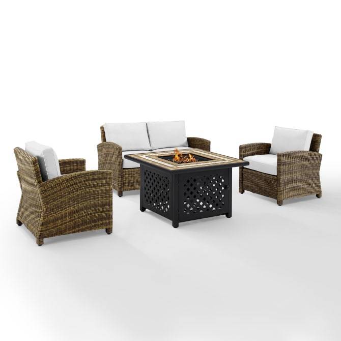 Crosley Furniture Fire Seating Sets White Crosely Furniture - Bradenton 4Pc Outdoor Wicker Conversation Set W/Fire Table Weathered Brown/Include Color - Loveseat, Tucson Fire Table, & 2 Arm Chairs - KO70160-XX