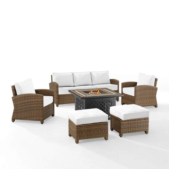 Crosley Furniture Fire Seating Sets White Crosely Furniture - Bradenton 6Pc Outdoor Wicker Sofa Set W/Fire Table Include Color/Weathered Brown - Tucson Fire Table, Sofa, 2 Armchairs & 2 Ottomans - KO70184WB-XX