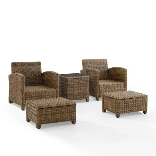 Crosley Furniture Patio Chairs And Chair Sets Crosely Furniture - Bradenton 5Pc Outdoor Wicker Armchair Set Include Cushion/ Weathered Brown - Side Table, 2 Arm Chairs & 2 Ottomans - KO70182WB-XX
