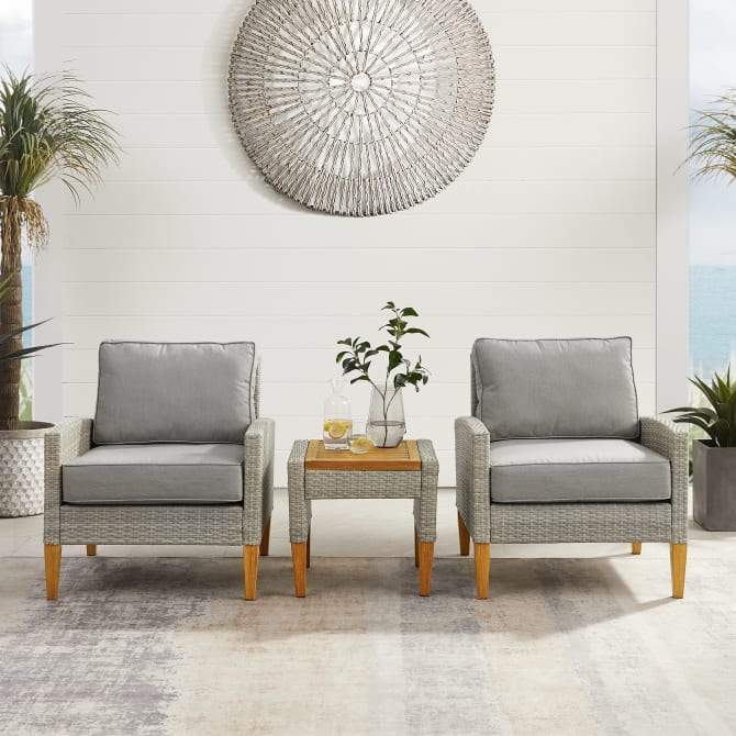 Crosley Furniture Patio Chairs And Chair Sets Crosely Furniture - Capella 3Pc Outdoor Wicker Chair Set Gray/Acorn - Side Table & 2 Armchairs - KO70195GY-AC - Gray
