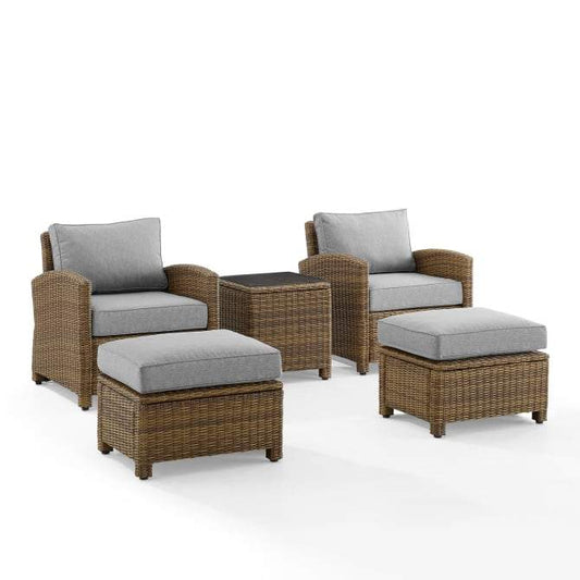 Crosley Furniture Patio Chairs And Chair Sets Gray Crosely Furniture - Bradenton 5Pc Outdoor Wicker Armchair Set Include Cushion/ Weathered Brown - Side Table, 2 Arm Chairs & 2 Ottomans - KO70182WB-XX