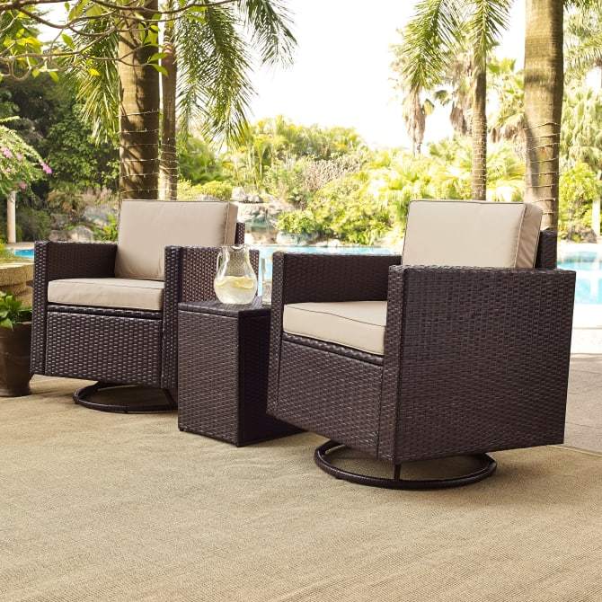 Crosley Furniture Patio Chairs And Chair Sets Sand Crosely Furniture - Palm Harbor 3Pc Outdoor Wicker Swivel Chair Set Include Color/Brown - Side Table & 2 Swivel Chairs - KO70058BR-XX