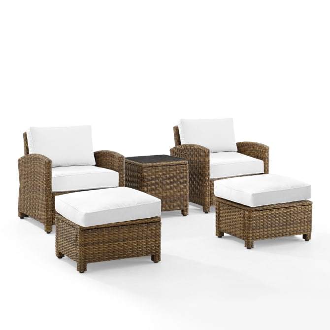 Crosley Furniture Patio Chairs And Chair Sets White Crosely Furniture - Bradenton 5Pc Outdoor Wicker Armchair Set Include Cushion/ Weathered Brown - Side Table, 2 Arm Chairs & 2 Ottomans - KO70182WB-XX