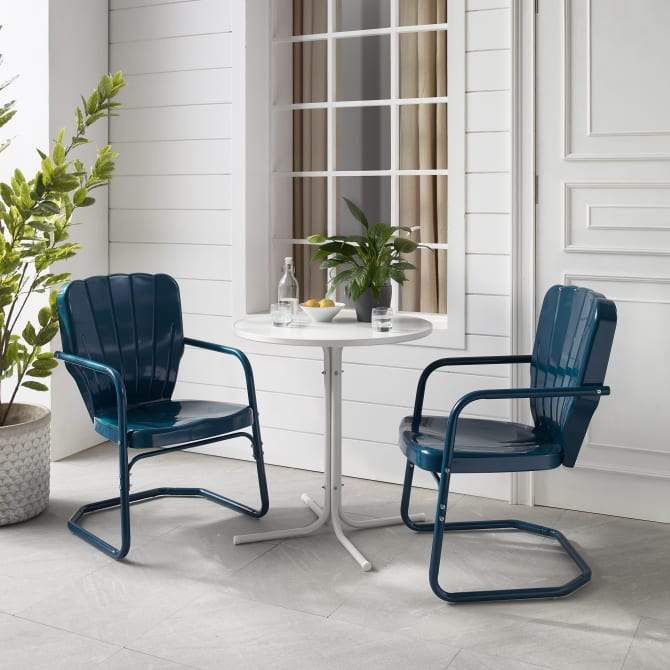 Crosley Furniture Patio Dining Sets Crosely Furniture - Ridgeland 3Pc Outdoor Metal Bistro Set Navy Gloss/White Satin - Bistro Table & 2 Chairs - KO10016XX