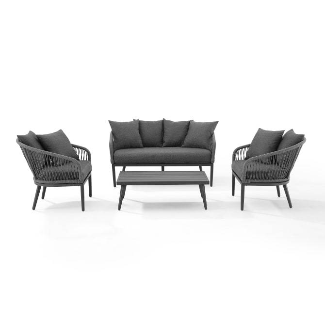 Crosley Furniture Patio Loveseat Sets Crosely Furniture - Dover 4Pc Outdoor Rope Conversation Set Charcoal/Matte Black - Loveseat, Coffee Table, & 2 Armchairs - KO70310MB-CL - Charcoal