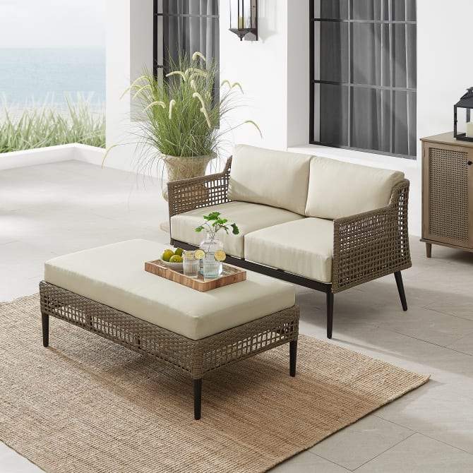 Crosley Furniture Patio Loveseat Sets Crosely Furniture - Southwick 2Pc Outdoor Wicker Conversation Set Creme/Light Brown - Loveseat & Coffee Table Ottoman - CO7340LB-CR - Creme