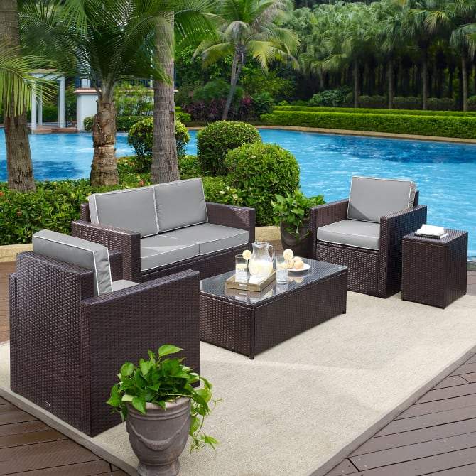 Crosley Furniture Patio Loveseat Sets Gray Crosely Furniture - Palm Harbor 5Pc Outdoor Wicker Conversation Set Include Color/Brown - Loveseat, Side Table, Coffee Table, & 2 Arm Chairs - KO70053BR-XX