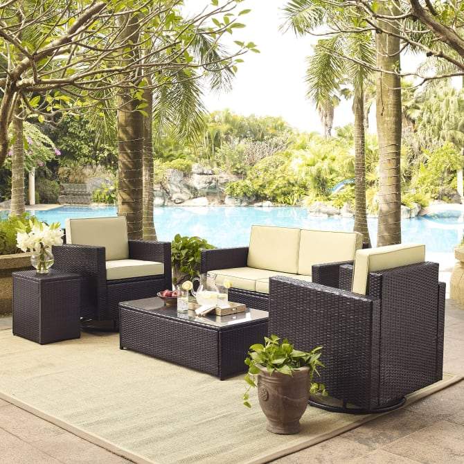 Crosley Furniture Patio Loveseat Sets Sand Crosely Furniture - Palm Harbor 5Pc Outdoor Wicker Conversation Set Include Color/Brown - Loveseat, Side Table, Coffee Table, & 2 Swivel Chairs - KO70056BR-XX