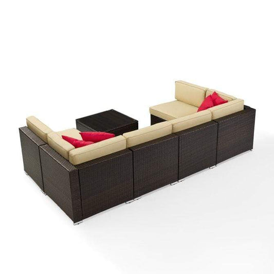 Crosley Furniture Patio Sectional Sets Crosely Furniture - Sea Island 7Pc Outdoor Wicker Sectional Set Sand/Brown - Coffee Table, 2 Corner Chairs, 4 Armless Chairs, & 4 Throw Pillows - KO70146-BR - Sand
