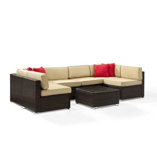 Crosley Furniture Patio Sectional Sets Crosely Furniture - Sea Island 7Pc Outdoor Wicker Sectional Set Sand/Brown - Coffee Table, 2 Corner Chairs, 4 Armless Chairs, & 4 Throw Pillows - KO70146-BR - Sand