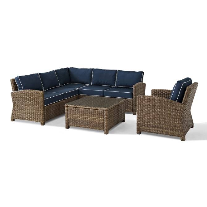 Crosley Furniture Patio Sectional Sets Navy/Weathered Brown Crosely Furniture - Bradenton 5Pc Outdoor Wicker Sectional Set Include Color - Right Side Loveseat, Left Side Loveseat, Corner Chair, Arm Chair, & Sectional Glass Top Coffee Table - KO70021XX-XX
