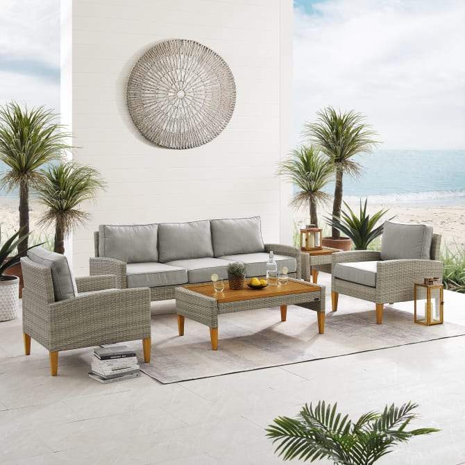 Crosley Furniture Patio Sofa Sets Crosely Furniture - Capella 5Pc Outdoor Wicker Sofa Set Gray/Acorn - Sofa, Coffee Table, Side Table, & 2 Armchairs - KO70197GY-AC - Gray