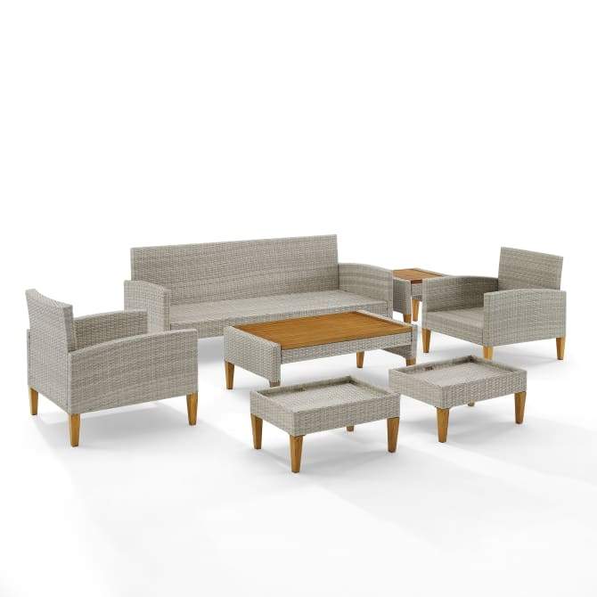 Crosley Furniture Patio Sofa Sets Crosely Furniture - Capella 7Pc Outdoor Wicker Sofa Set Gray/Acorn - Sofa, Coffee Table, Side Table, 2 Armchairs, & 2 Ottomans - KO70198GY-AC - Gray