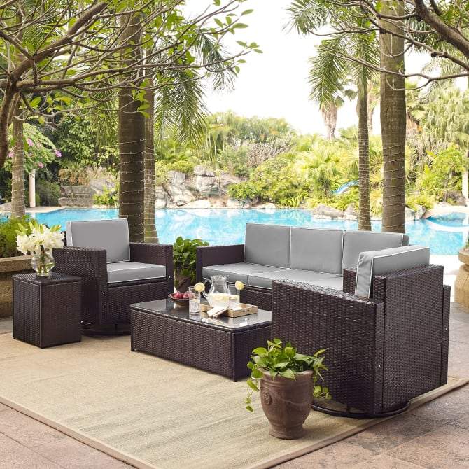 Crosley Furniture Patio Sofa Sets Gray Crosely Furniture - Palm Harbor 5Pc Outdoor Wicker Sofa Set Include Color/Brown - Sofa, Side Table, Coffee Table, & 2 Swivel Chairs - KO70057BR-XX