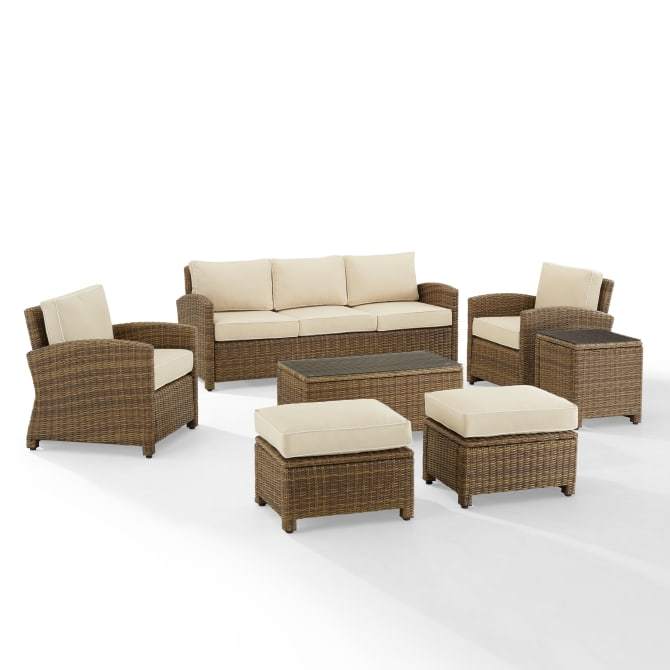 Crosley Furniture Patio Sofa Sets Sand Crosely Furniture - Bradenton 7Pc Outdoor Wicker Sofa Set Include Color/Weathered Brown - Sofa, Coffee Table, Side Table, 2 Armchairs & 2 Ottomans - KO70185WB-XX