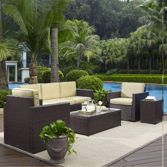 Crosley Furniture Patio Sofa Sets Sand Crosely Furniture - Palm Harbor 5Pc Outdoor Wicker Sofa Set Include Color/Brown - Sofa, Side Table, Coffee Table, & 2 Swivel Chairs - KO70057BR-XX
