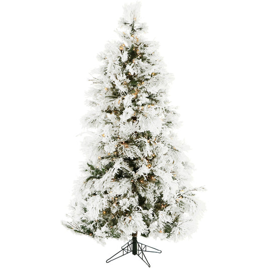 Christmas Time -  6.5-Ft. Frosted Fir Snowy Artificial Christmas Tree with Clear LED String Lighting