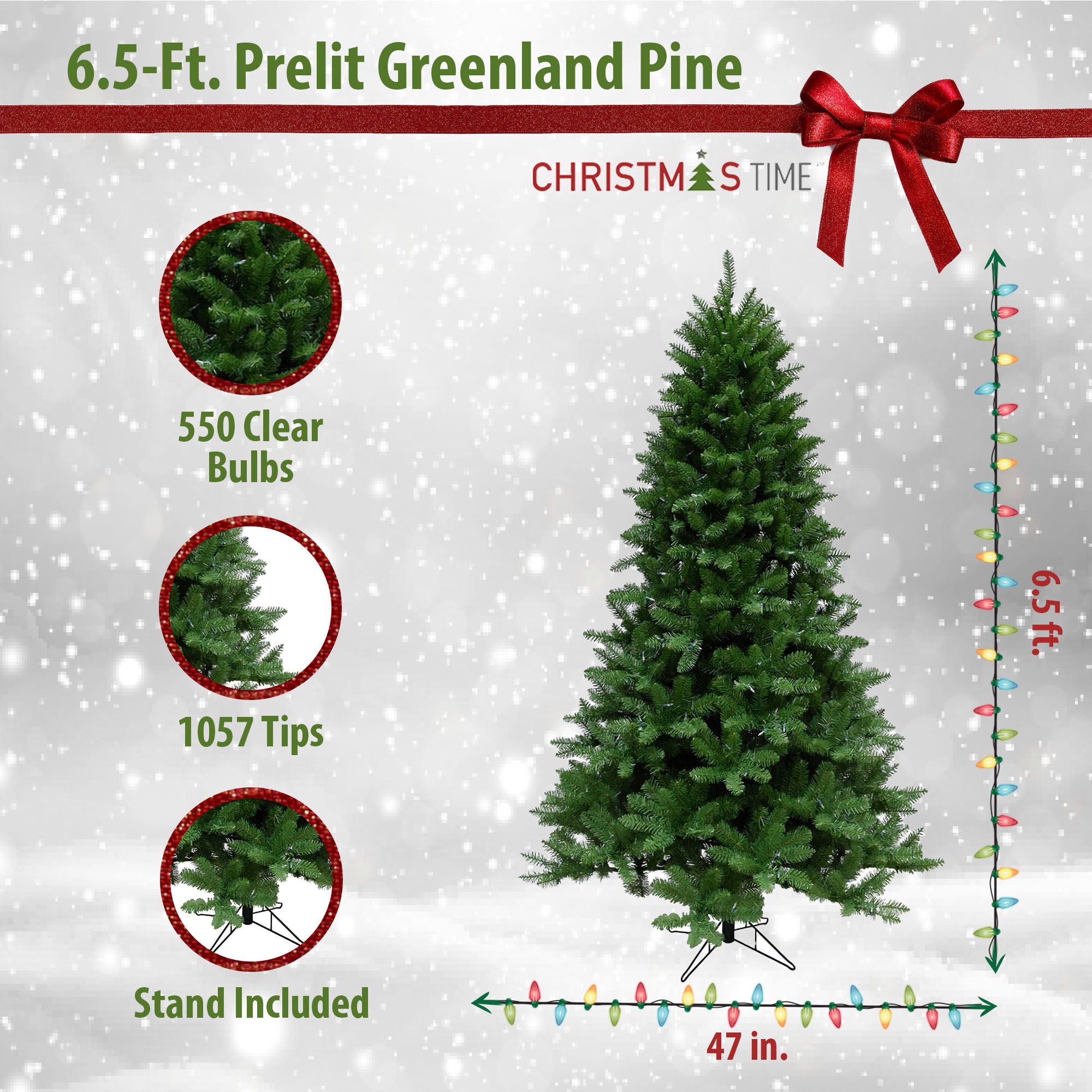 Christmas Time -  6.5-Ft. Greenland Pine Artificial Christmas Tree with Clear Smart String Lighting