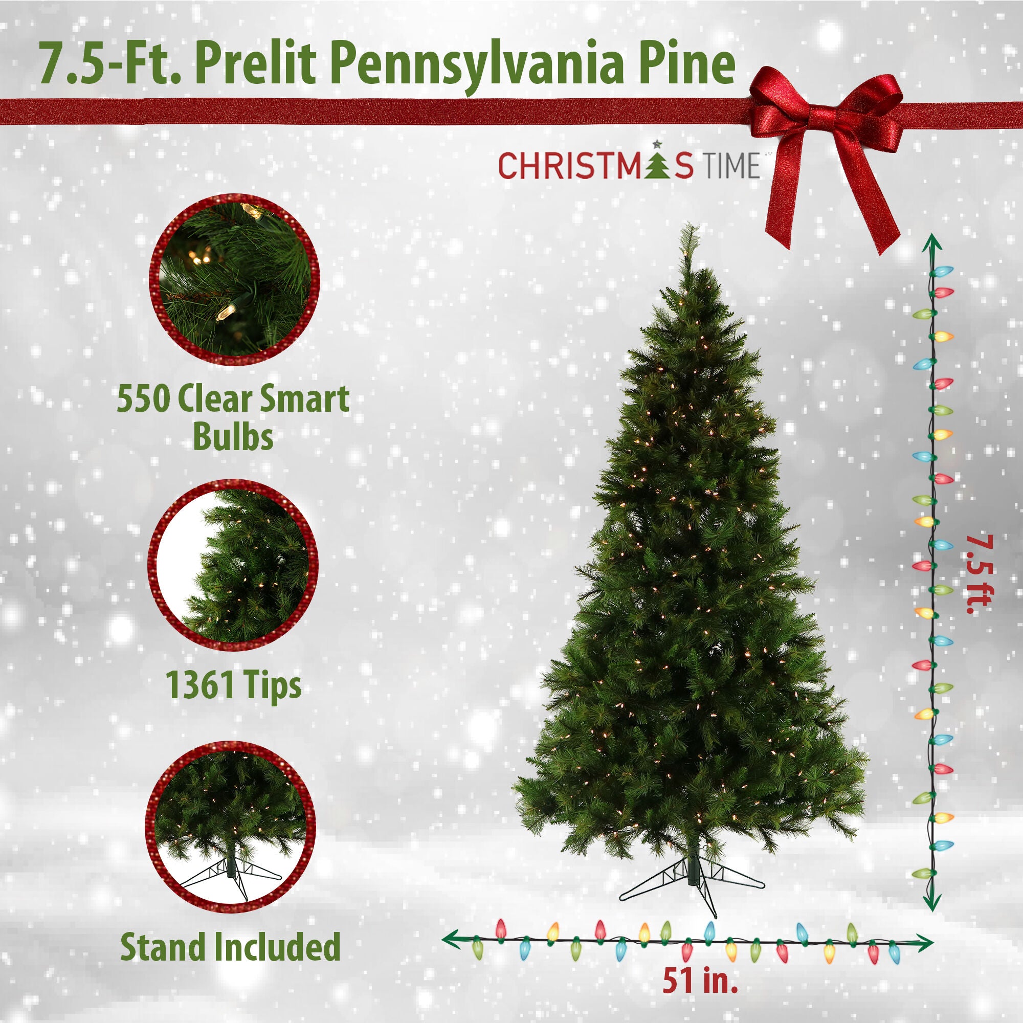 Christmas Time -  7.5-Ft. Pennsylvania Pine Artificial Christmas Tree with Clear Smart String Lighting