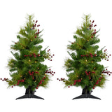 Christmas Time -  Set of Two 2-Ft. Red Berry Mixed Pine Artificial Trees with Battery-Operated LED String Lights